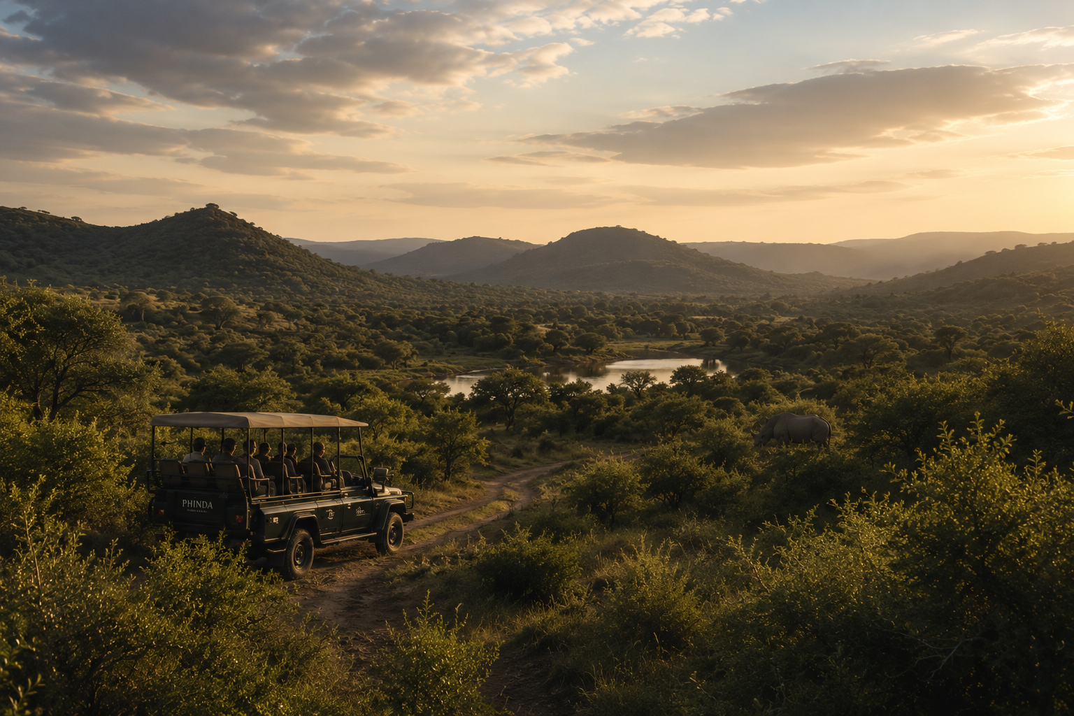 A rhinoceros near a safari vehicle in the South African wilderness